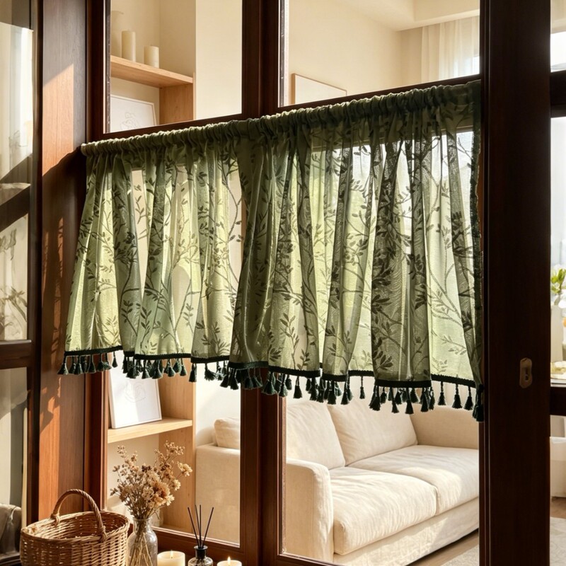 Green Vine Lace Curtains, Vintage Style, No-Drill Half Curtains, Short Curtains for Bedroom Bay Windows, Blackout Curtains, Door Curtains, Customizable Green Vine Lace Curtains, Vintage Style, No-Drill Half Curtains, Short Curtains for Bedroom Bay Windows, Blackout Curtains, Door Curtains, Customizable