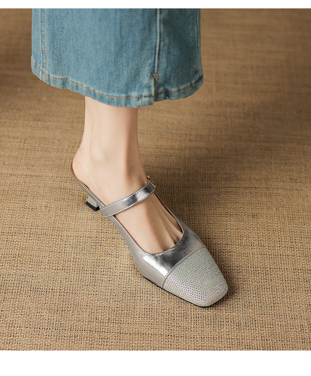 Sandal nữ mũi vuông bít mũi hở gót, gót 5 cm, phong cách tiểu hương — màu vàng chi tiết 14