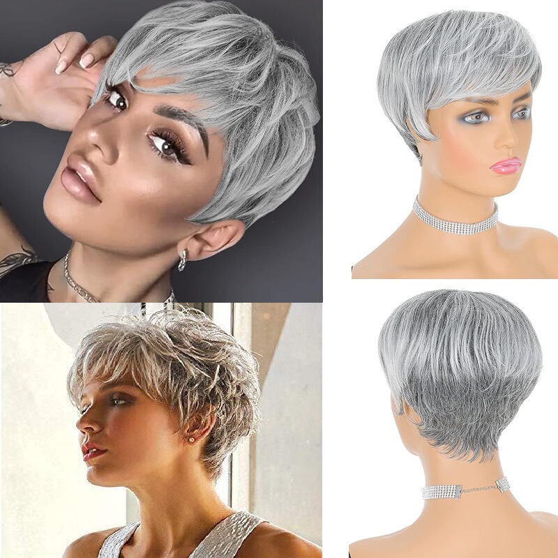 Real Human Hair Wig, Full Head Cover, Machine-Made Short Style, No Lace, Light Gray, Granny Gray, Cross-Border E-Commerce Manufacturer, Curly Hair