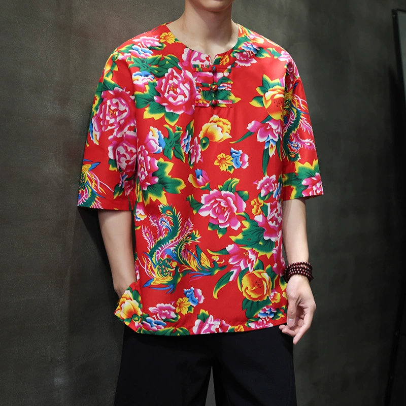 2025 китайский стиль ретро северо-восточный большой цветок ткань средний рукав хлопок большой размер старинная футболка мужской