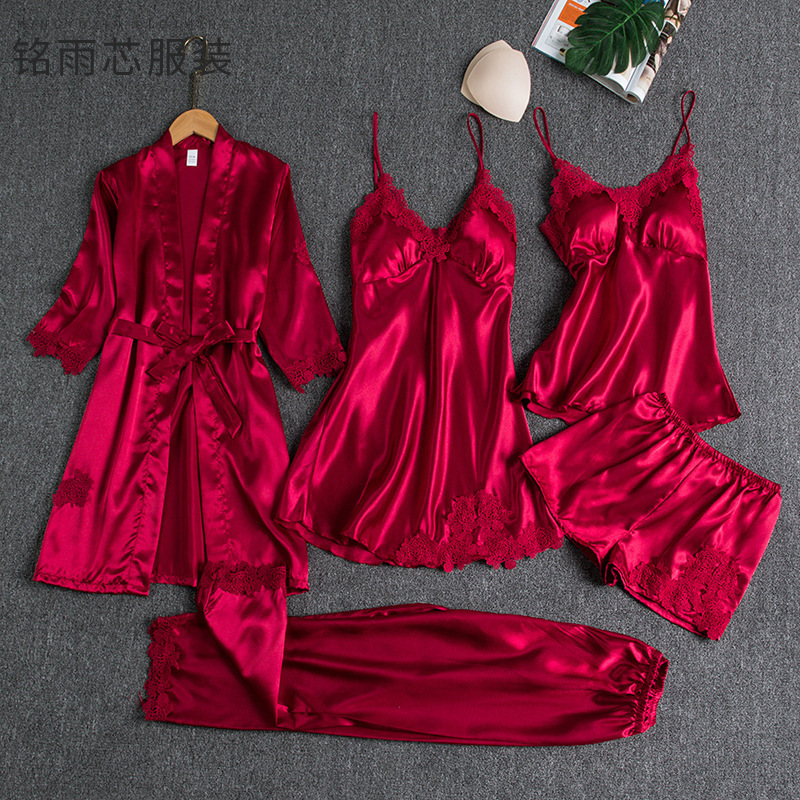 Customized Women's Summer Ice Silk Sexy Home Wear Hot Spring and Autumn Cross-Border Amazon Five-Piece Set Customized Women's Summer Ice Silk Sexy Home Wear Hot Spring and Autumn Cross-Border Amazon Five-Piece Set