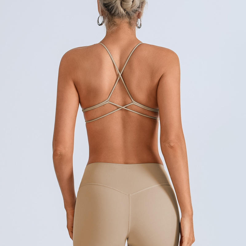 Traje de yoga europeo y americano transfronterizo, espalda hermosa con almohadilla para el pecho, sujetador con tirantes cruzados, pantalones deportivos de secado rápido de melocotón de cintura alta