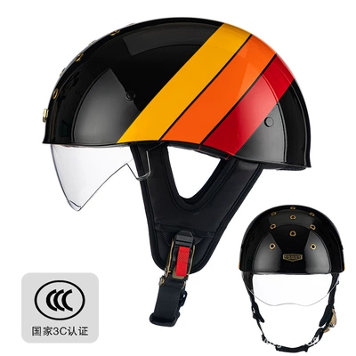 Motorcycle Summer Retro Half, Motosiklet kaskı (dəbilqə) - rw016-glossy-black-reef-black-orange-transparent-endoscope-m-size-52-54cm