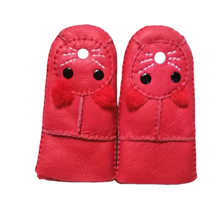 Fábrica al por mayor de los niños piel cuero integrado lindo lana engrosada invierno nieve esquí ciclismo guantes calientes