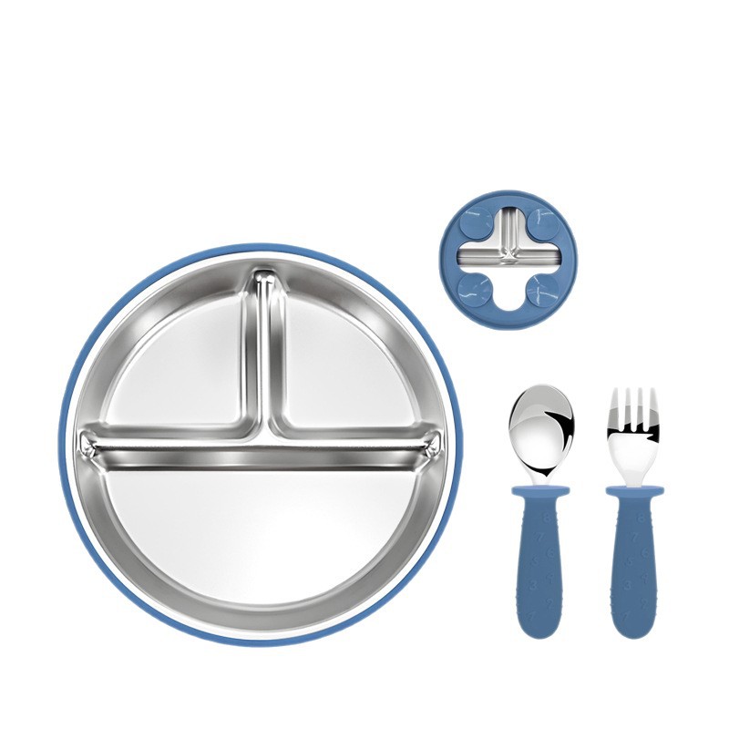 Amazon cubiertos infantiles de acero inoxidable para bebés comidas 304 cubiertos de acero inoxidable platos de silicona tipo ventosa