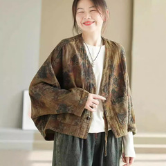 古カレー服秋レトロ炒め色二重ジャカード綿ショートコート女性ゆるいvネックコウモリ袖プリント上着