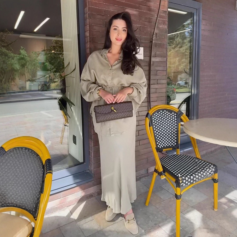 跨境外贸欧美女装2025年秋季新款纯色腰带开衫柔美气质长裙套装|undefined