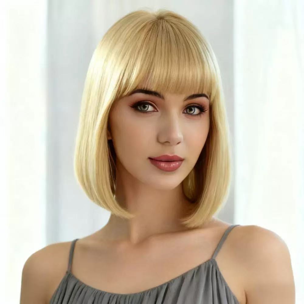 Nuevo tipo de clavícula de longitud media y longitud natural de cabello recto completo tipo de cabeza de clavícula de toda la parte superior de la peluca de simulación ligera image 12