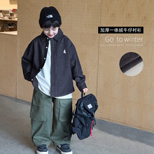 童酷男童2025冬款山系刺绣宝宝外套一体绒加厚翻领牛仔儿童衬衫潮