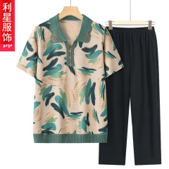 中高年の夏服セットの女性のおばあさんの半袖のtシャツのニットのお母さんの夏のタイプの2セットの老人の奥さんの服