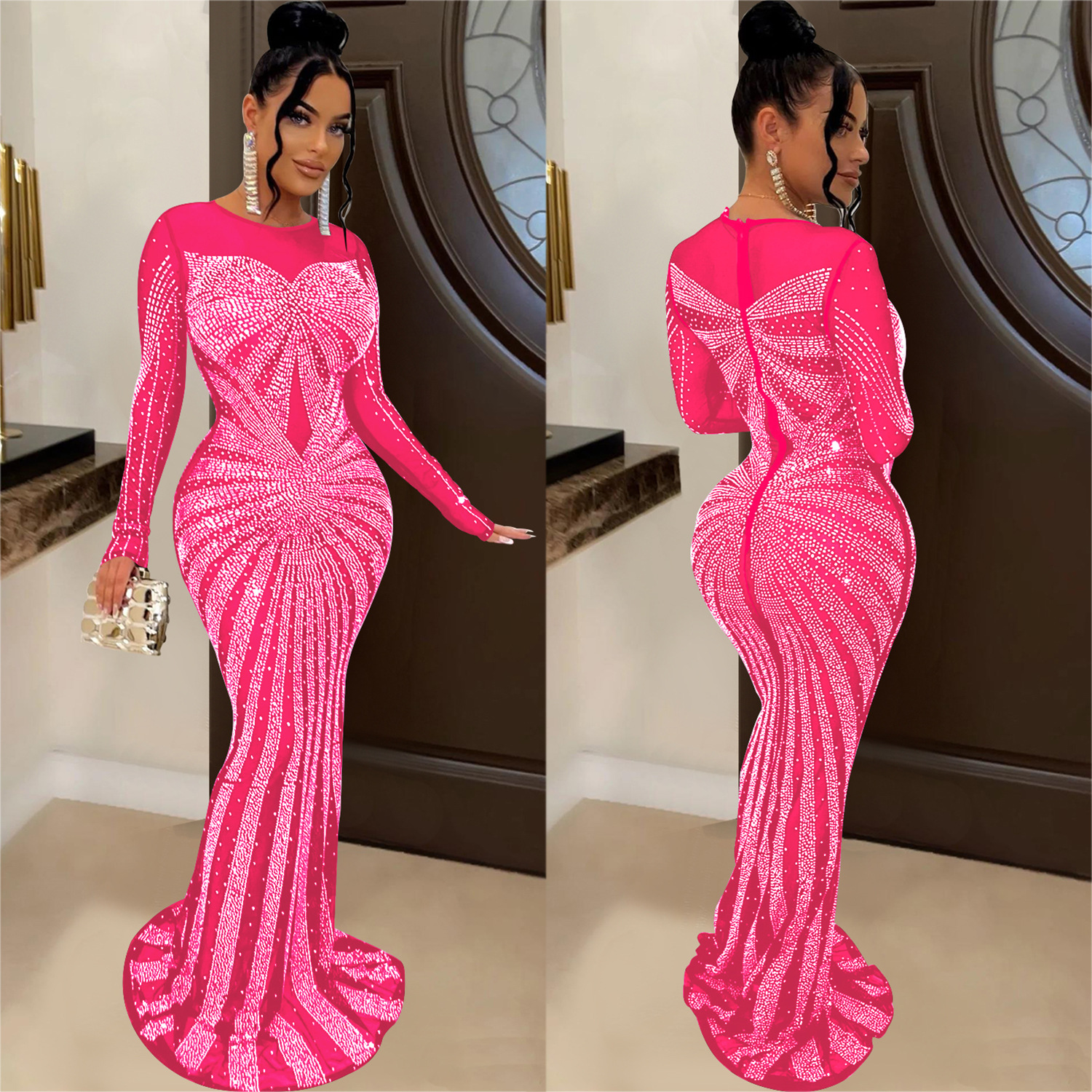 Women's Clothing fashion women's solid color mesh see through hot diamond long sleeved long skirt dress_voghion.com