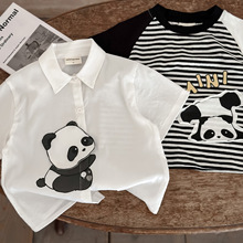 童装2024韩版男童夏装短袖衬衫儿童半袖衬衣熊猫图案宝宝薄款上衣