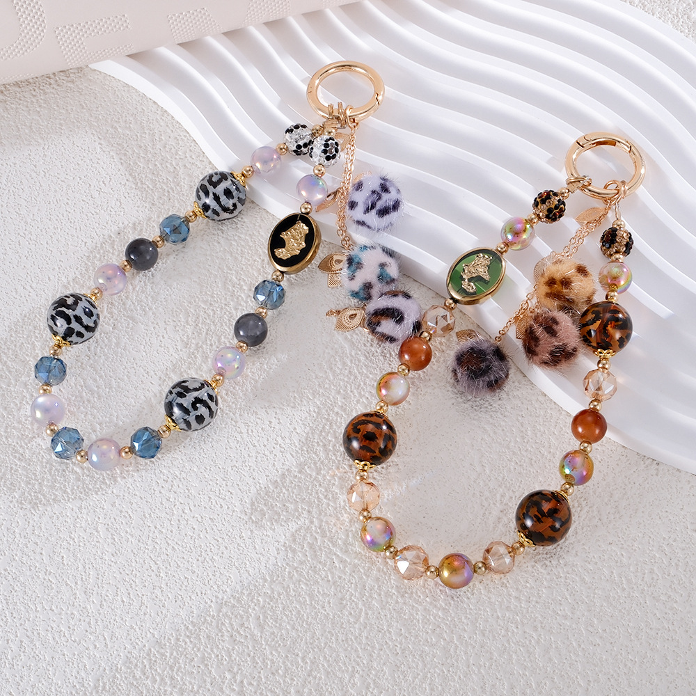 Creative and Fashionable Handmade Beaded Anti-Lost Mobile Phone Pendant Personalized Retro Leopard Print Fur Ball Pendant Mobile Phone Hanging Chain Pendant