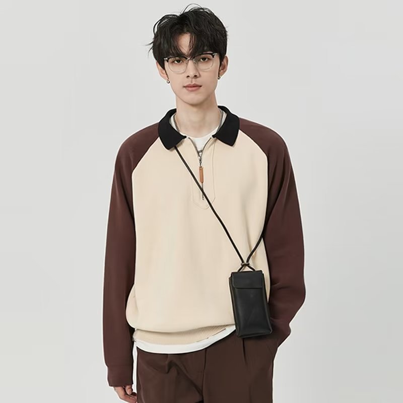 Coreano de contraste de color semia cremallera polo collar pullover casual hombre otoño y invierno nuevo abrigo con solapa