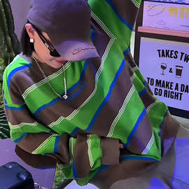 韩版时尚绿色撞色条纹圆领卫衣女拼接oversize宽松长袖上衣ZD9110