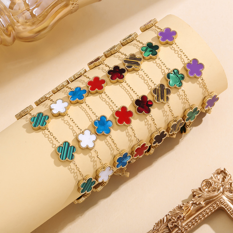 跨境五叶花手链简约轻奢13MM钛钢梅花五叶草双面手链不掉色亚马逊