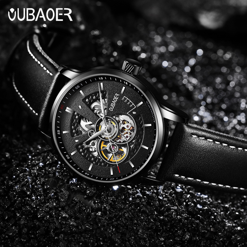 OUBAOER brand mechanical hollowed out waterproof leather watch with lare dial, fashionable and trendy watch, hot_voghion.com