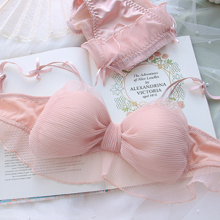 Japanese style small chest push up bra suit mesh bow no steel ring sweet girl student anti-sagging underwear