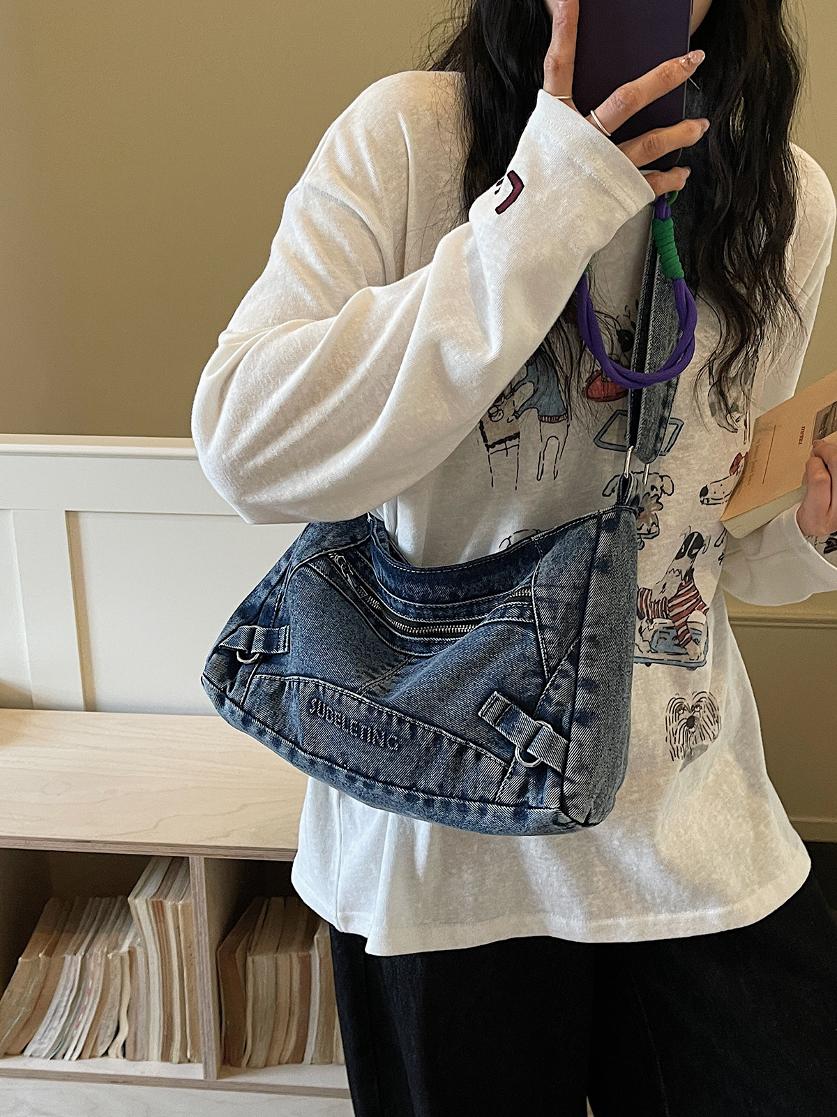 Bolsa de denim retro lavada en agua para mujeres 2026 nuevo estilo transfronterizo ocio simple hombro brazo bolso de viaje image 5