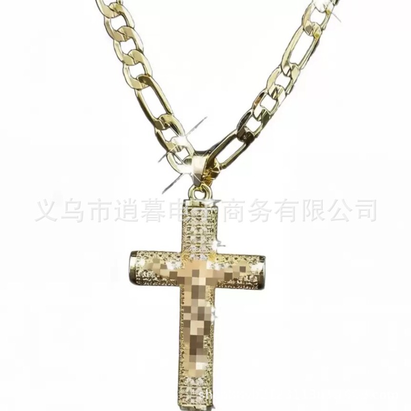 Cross-Border Pendant with Diamonds, Large Cross, Gold-Plated, Full Diamond Cuban Chain Necklace, Light Luxury Fashion Jewelry, Long Necklace