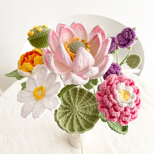 Hand-knitted artificial flowers, lotus peonies, bouquets, home desktop ornaments, immortal flowers, woven flower finished products, wholesale