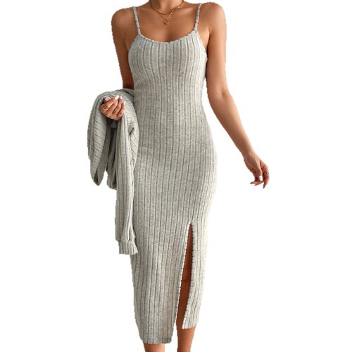 European and American women's clothing long-sleeved cardigan suspender tight dress set Amazon hot suspender split dress cardigan set