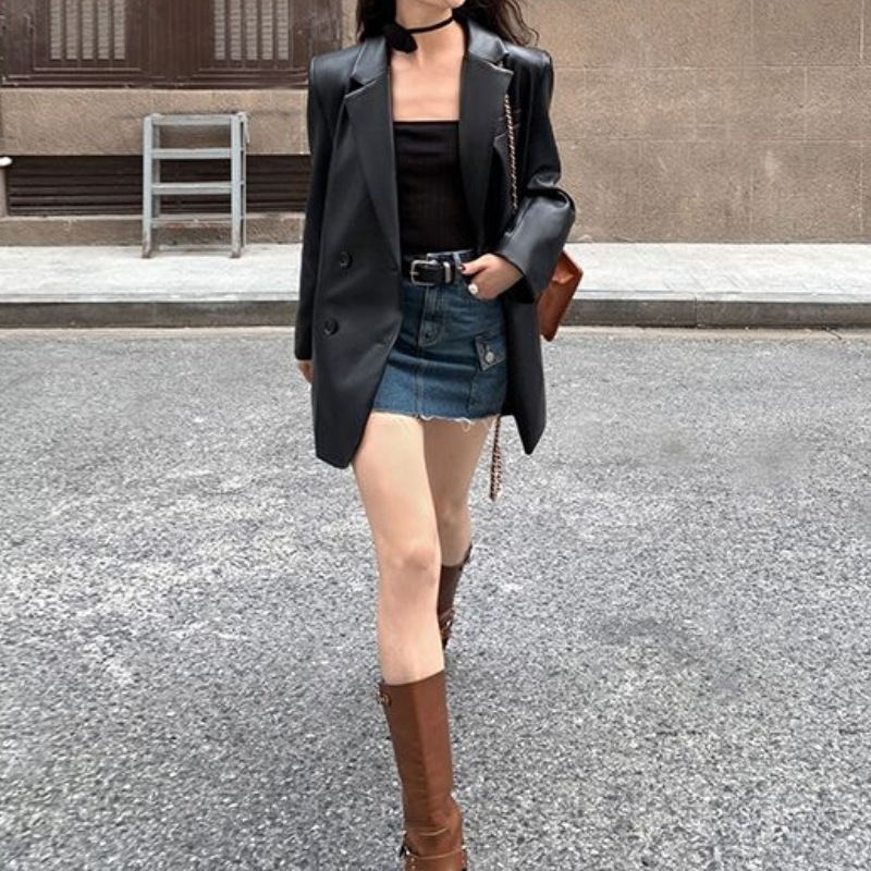 西装皮衣外套女设计感小众PU皮高级感炸街宽松休闲黑色气质西服潮|undefined