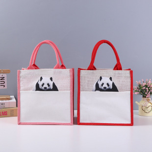 Cartoon Linen Handbag Factory Wholesale Jute Splicing Cotton and Linen Bag Storage Shopping Linen Bag Printed Logo Customization