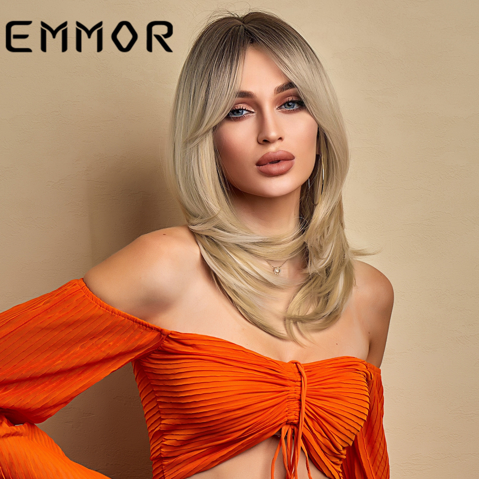 EMMOR Amazon nuevo gradiente de longitud media multicolor de ocho caracteres Bangs europeo y americano de fibra química de alta temperatura Peluca de seda cabeza completa