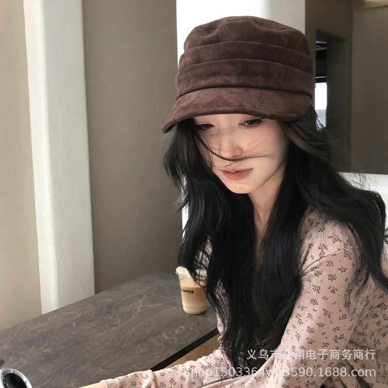 英伦复古褶皱鸭舌帽女新款时尚气质平顶马术帽百搭麂皮绒八角帽潮|undefined