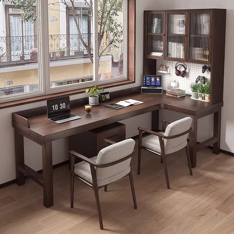 Solid Wood Corner Desk Bookcase Integrated Wall-Mounted L-Shaped Writing Storage Cabinet Bedroom Corner Computer Desk Bookshelf Combination