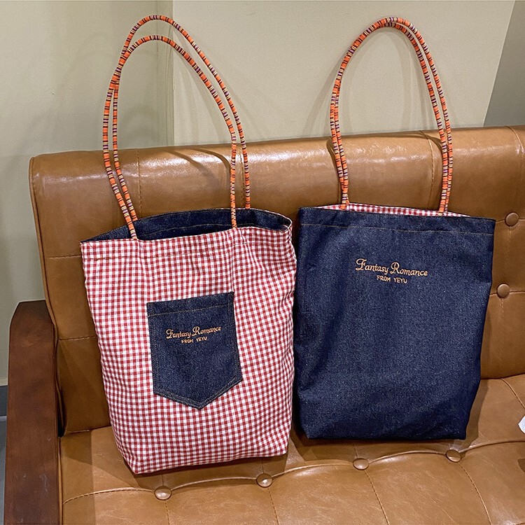 Korean-style Red Plaid Double-sided Denim Shoulder Bag Fashionable Trendy Large Capacity Portable Canvas Bag Vintage Tote Bag