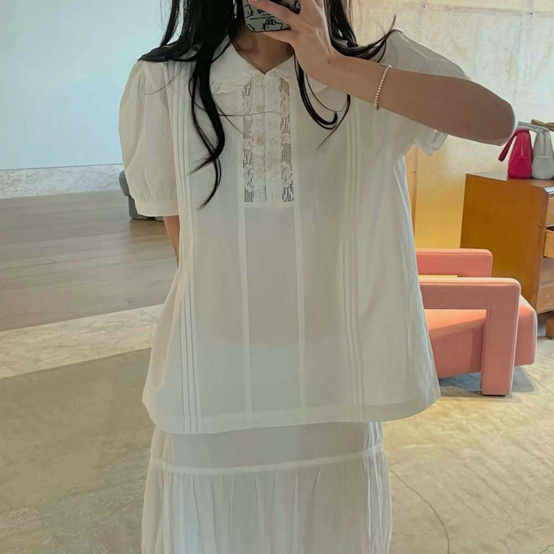 In-Stock Korean Smo*Thmo*D Summer New Vintage Lace Trim Doll Collar Short-Sleeve Shirt Top In-Stock Korean Smo*Thmo*D Summer New Vintage Lace Trim Doll Collar Short-Sleeve Shirt Top
