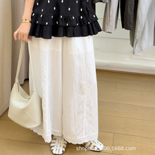 2026夏新款女宽松莱赛尔亚麻阔腿裤 松紧腰法式花边九分裤子女裤