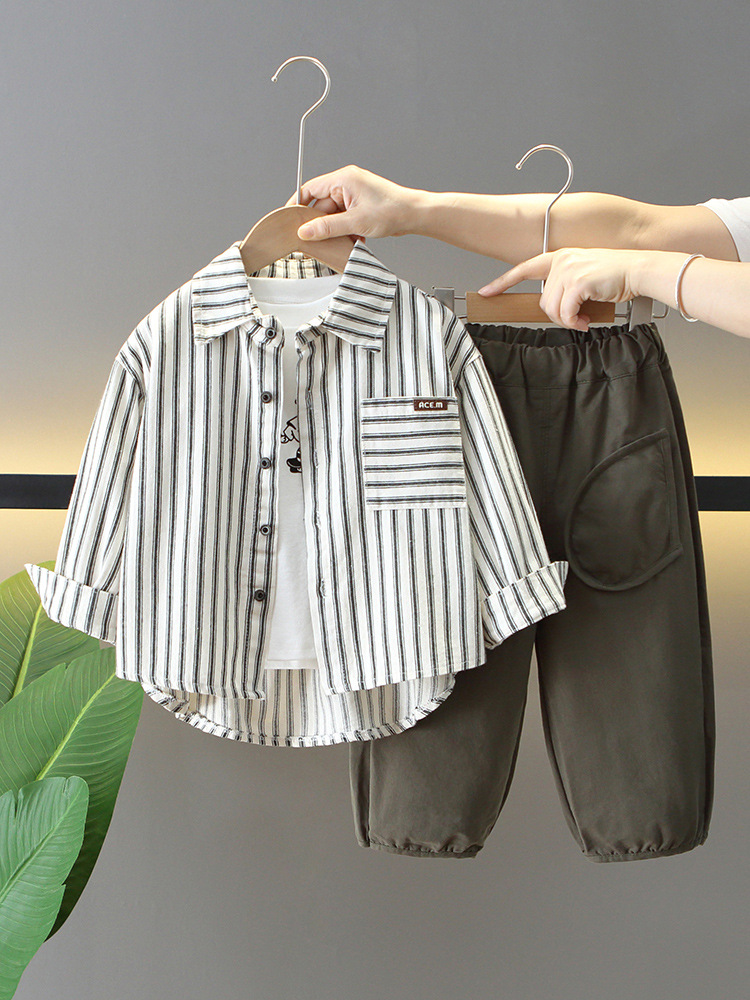 6144 Traje de otoño para niños 2025 Nuevo bebé Primavera y otoño Camisa casual coreana para niños Chaqueta de tres piezas