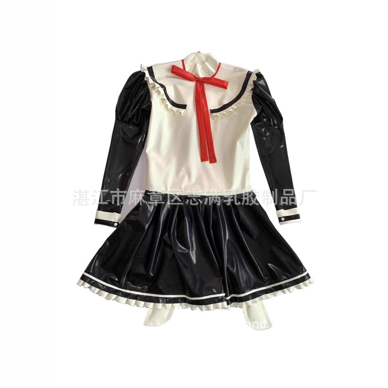Malaysia imported latex dress white black red tie long sleeve latex dress cos play