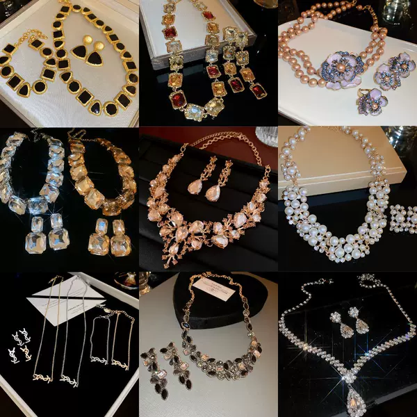 Diamond-Encrusted Geometric Square Round Earrings Necklace Light Luxury High-End Clavicle Chain Mid-Century Style Necklace Set