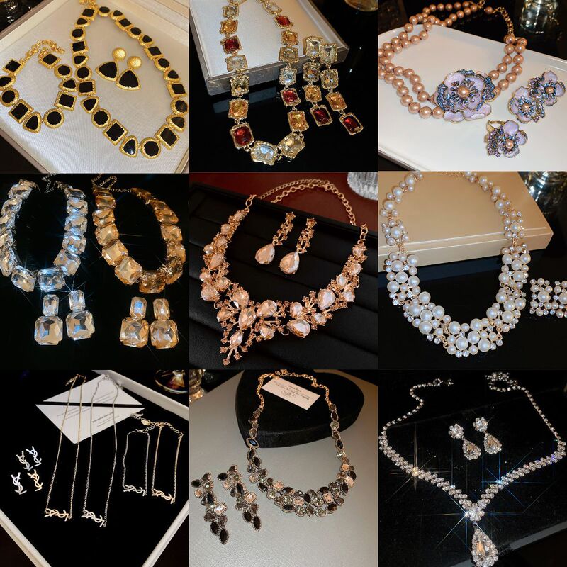 Diamond-Encrusted Geometric Square Round Earrings Necklace Light Luxury High-End Clavicle Chain Mid-Century Style Necklace Set