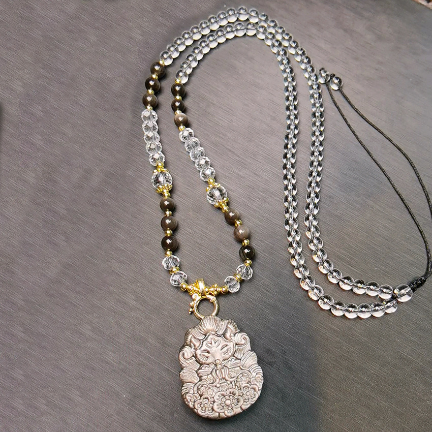 Natural Silver Obsidian Nine-tailed Fox Necklace For Men_voghion.com