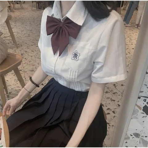 (2개) XIAOLAN의 반팔 아코디언 주름 아쿠아 셔츠 여름 JK 유니폼 일본 대학 스타일 여성용 자수 흰색 셔츠