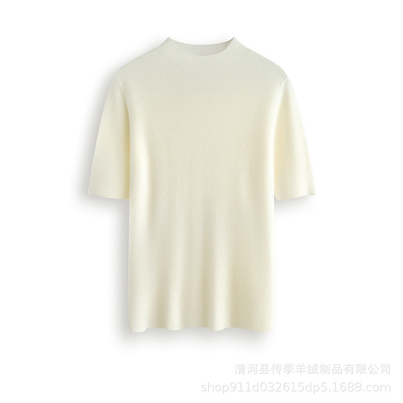 One-Piece Yanchang Merino Wool Sweater for Women, Half-Turtleneck Herringbone Pattern, Mid-Sleeve T-Shirt, Stylish Thin Sweater for Layering