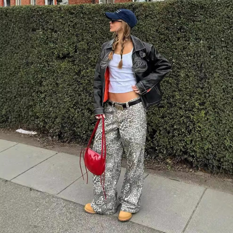 American Style Retro Relaxation Fashionable Leopard Print Low Waist Loose Wide Leg Pants Women's Straight Casual Overalls Jeans