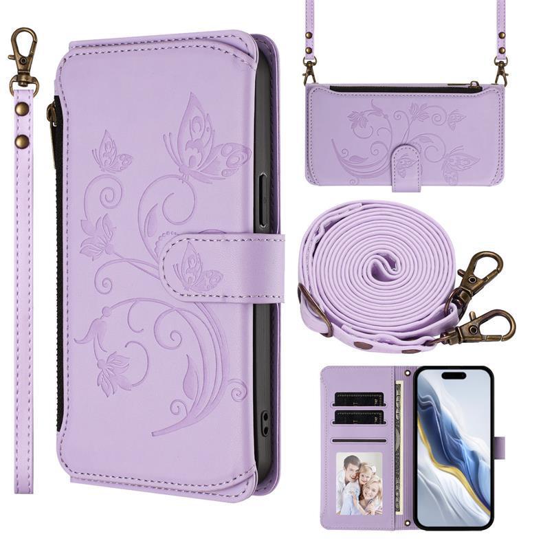 Suitable for Google Pixel 9A Leather Case Sony Xperia 1 Vii Butterfly Flower Zipper Wallet Diagonal Protective Cover