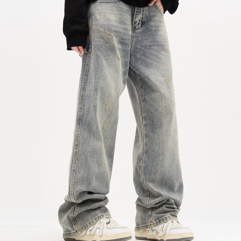 American Style High Street Spring and Autumn Washed Straight Jeans Men's Retro Loose Old Wear light blue Trousers Ins Trendy