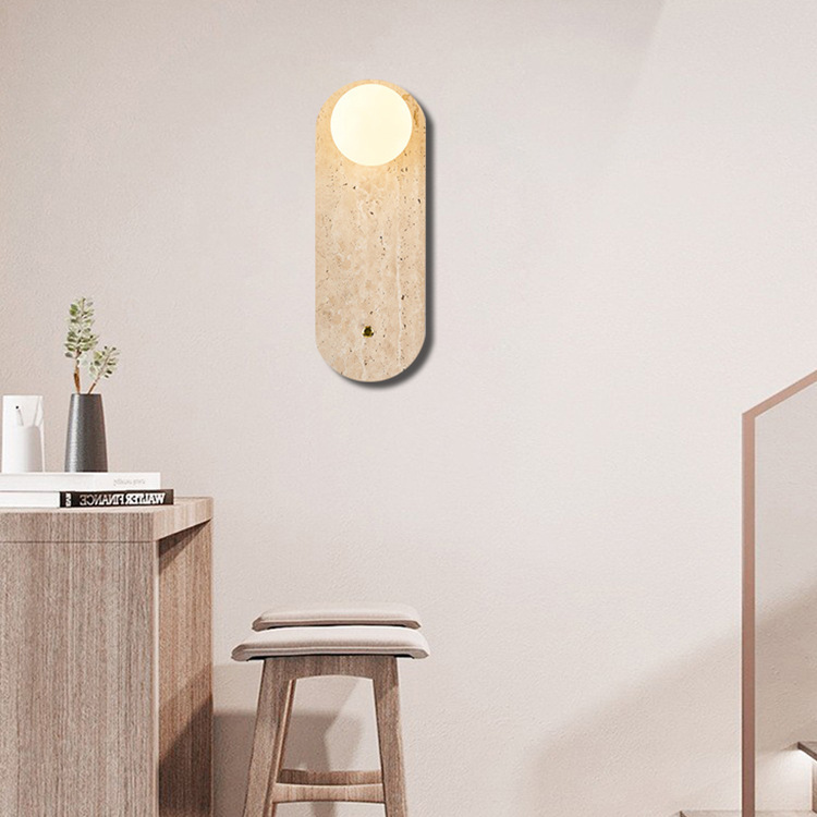 Dormitorio de agujero crema porche redonda nórdica de piedra cabeza de cama de ventilador diseñador simple diseño silencioso lámpara de pared de ventilador lámpara amarilla