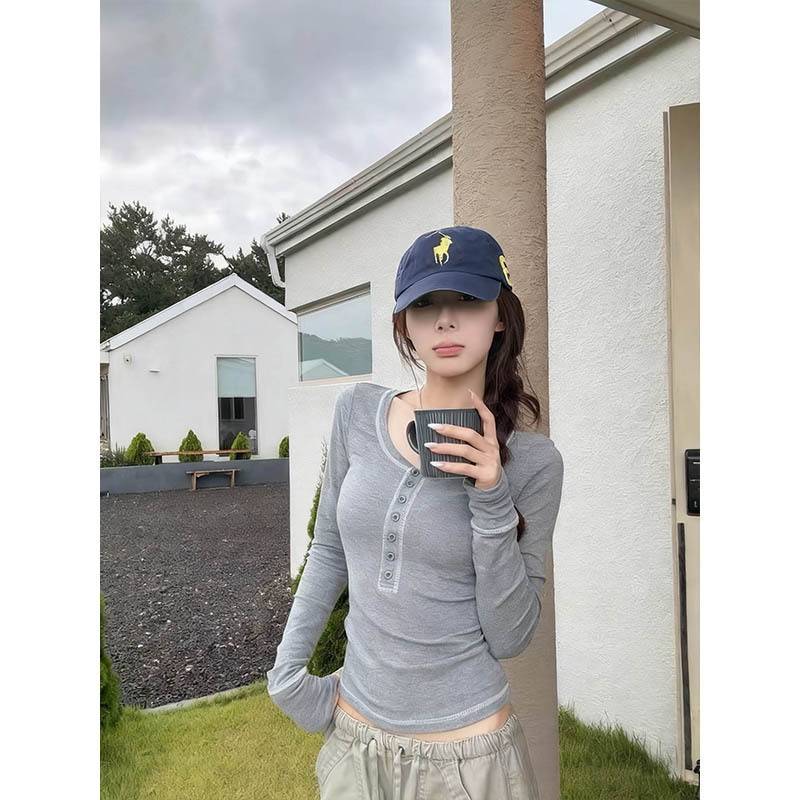 十三行亨利扣修身显瘦长袖打底T恤女秋2025新款圆领薄款上衣潮|undefined