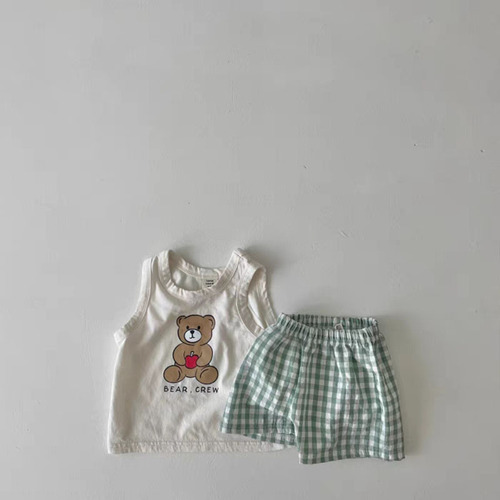 ins Korean summer children's clothing thin cotton loose sleeveless suit baby cartoon vest + plaid shorts two-piece trendy set