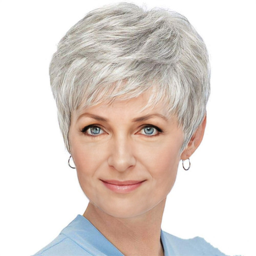 Overseas Bestselling Women's Silver Gray Side Parted Short Straight Hair Middle-Aged & Elderly Breathable Wigs Full Headset Wholesale