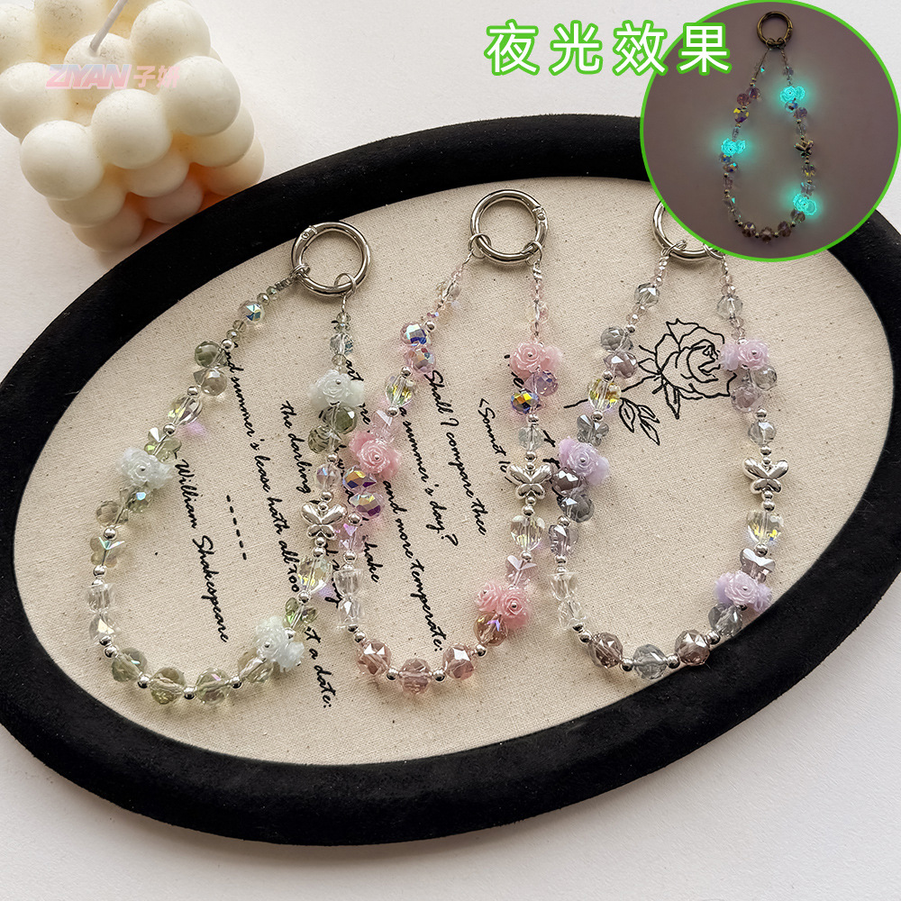 Original Luminous Rose Mobile Phone Chain Alloy Butterfly Crystal Headset Bag Decoration Advanced Sense Keychain Hanging Ornaments