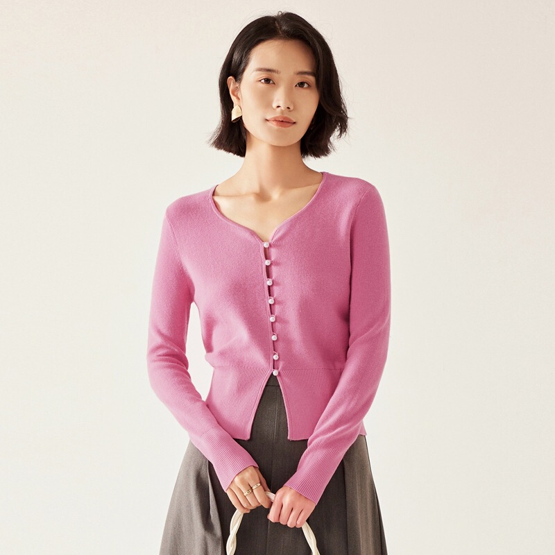 Autumn New Women's Merino Wool Knitted Cardigan Women's Long-Sleeved V-Neck Slim-Fitting Pearl Button Sweater Jacket